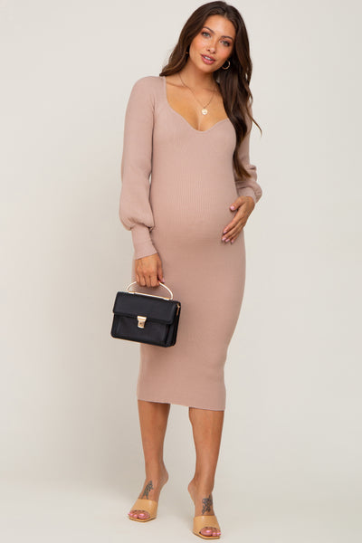 Taupe Ribbed Side Slit Maternity Midi Skirt– PinkBlush