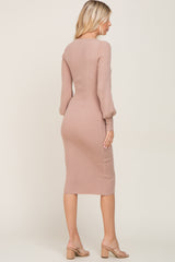 Taupe Ribbed Knit Long Sleeve Fitted Dress