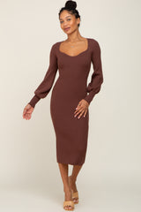 Brown Ribbed Knit Long Sleeve Fitted Dress