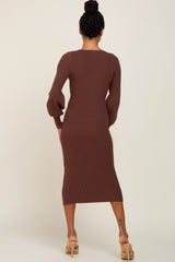 Brown Ribbed Knit Long Sleeve Fitted Dress