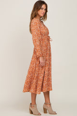 Rust Floral Front Tie Midi Dress