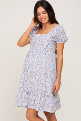 Blue Floral Puff Sleeve Tie Back Maternity Dress