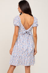 Blue Floral Puff Sleeve Tie Back Maternity Dress