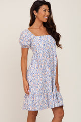 Blue Floral Puff Sleeve Tie Back Dress