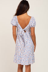 Blue Floral Puff Sleeve Tie Back Dress