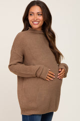 Brown Open Knit Mock Neck Maternity Sweater