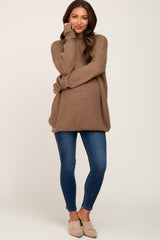 Brown Open Knit Mock Neck Maternity Sweater