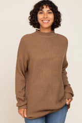 Brown Open Knit Mock Neck Maternity Sweater