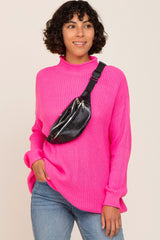 Fuchsia Open Knit Mock Neck Maternity Sweater