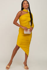 Yellow Asymmetric Maternity Ruched Fitted Dress