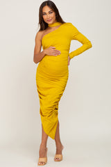 Yellow Asymmetric Maternity Ruched Fitted Dress