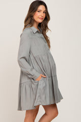 Light Olive Tiered Button Down Maternity Dress