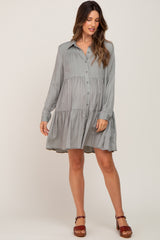 Light Olive Tiered Button Down Maternity Dress