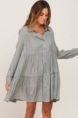 Light Olive Tiered Button Down Maternity Dress