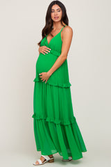 Green Ruffle Tier Cross Back Maternity Maxi Dress