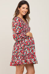 Black Floral Smocked V-Neck Maternity Dress