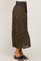 Black Floral Tiered Front Tie Midi Skirt