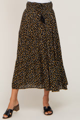 Black Floral Tiered Front Tie Midi Skirt