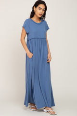 Blue Short Sleeve Babydoll Maxi Dress