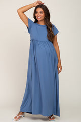 Blue Short Sleeve Babydoll Maternity Maxi Dress