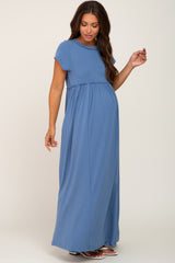 Blue Short Sleeve Babydoll Maternity Maxi Dress