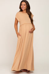 Taupe Short Sleeve Babydoll Maternity Maxi Dress