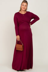 Burgundy Front Twist Long Sleeve Maternity Plus Maxi Dress