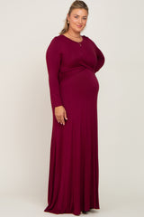 Burgundy Front Twist Long Sleeve Maternity Plus Maxi Dress