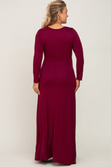 Burgundy Front Twist Long Sleeve Maternity Plus Maxi Dress