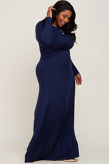 Navy Front Twist Long Sleeve Plus Maxi Dress