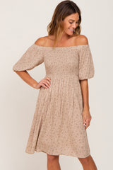 Taupe Floral Off Shoulder Puff Sleeve Maternity Dress