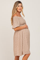 Taupe Floral Off Shoulder Puff Sleeve Maternity Dress