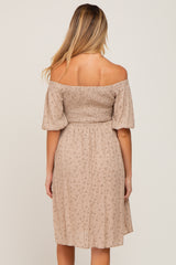 Taupe Floral Off Shoulder Puff Sleeve Maternity Dress