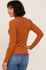 Rust Ribbed Ruffle Trim Mock Neck Top