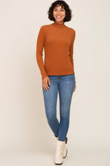 Rust Ribbed Ruffle Trim Mock Neck Top