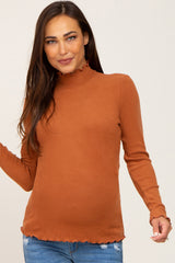 Rust Ribbed Ruffle Trim Mock Neck Maternity Top