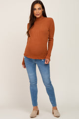 Rust Ribbed Ruffle Trim Mock Neck Maternity Top