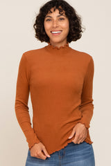 Rust Ribbed Ruffle Trim Mock Neck Maternity Top