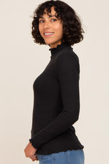 Black Ribbed Ruffle Trim Mock Neck Top