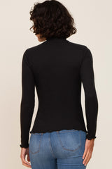 Black Ribbed Ruffle Trim Mock Neck Top