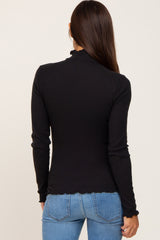 Black Ribbed Ruffle Trim Mock Neck Maternity Top