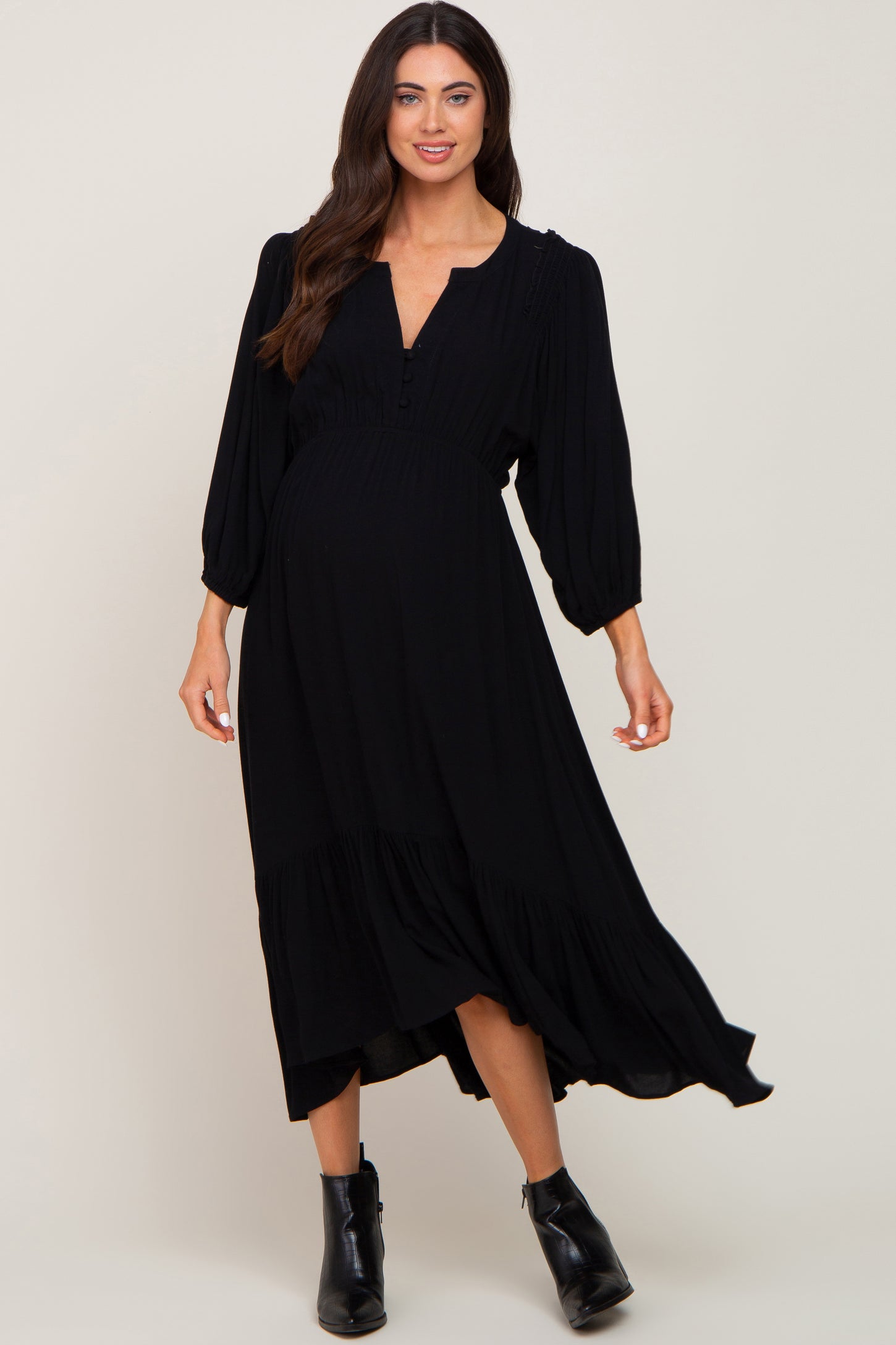 Black Button Accent Hi-Lo Maternity Midi Dress – PinkBlush