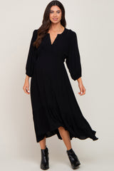 Black Button Accent Hi-Lo Maternity Midi Dress