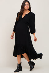 Black Button Accent Hi-Lo Maternity Midi Dress