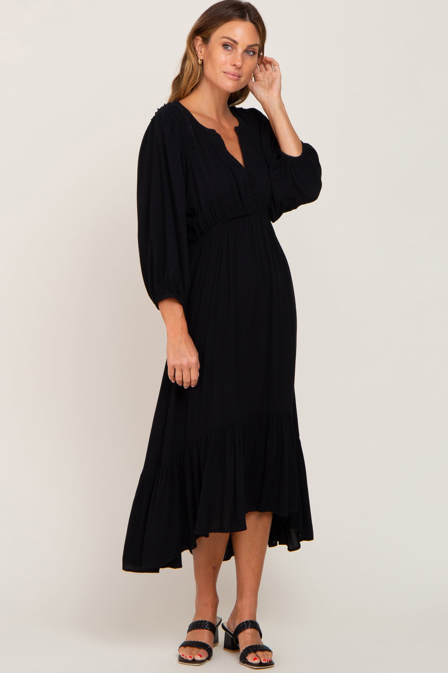 Black Button Accent Hi-Lo Maternity Midi Dress – PinkBlush