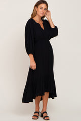 Black Button Accent Hi-Lo Maternity Midi Dress