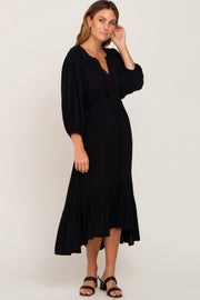 Black Button Accent Hi-Lo Midi Dress