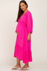 Fuchsia Button Accent Hi-Lo Maternity Midi Dress