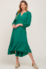 Green Button Accent Hi-Lo Midi Dress