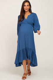 Blue Button Accent Hi-Lo Maternity Midi Dress